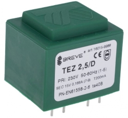 Трансформатор TEZ2.5/D/15-15V    2,5VA  Uout=2x15V/0,083A (виводи 6-7, 9-10), Uin=220VAC (виводи 1-5) 33х28х27мм, Виробник: Breve