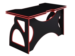 Стіл комп'ютерний ігровий (геймерський) фігурний DrevoGoods Game PRO робочий, письмовий для дому та офісу 1405х755х705мм Чорний + червона гумова кромка (кант)