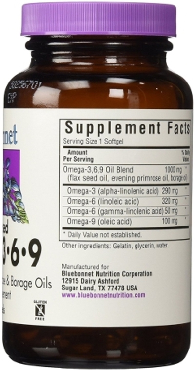 Жирні кислоти Bluebonnet Nutrition Омега 3-6-9 на рослинній основі 1000 мг 90 желатинових капсул