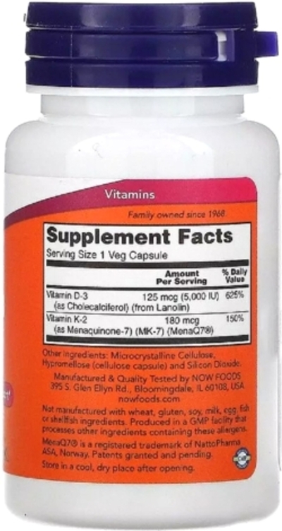 Now Foods Вітаміни D-3 & MK-7, 5000 МО / 180 мкг, 60 капсул