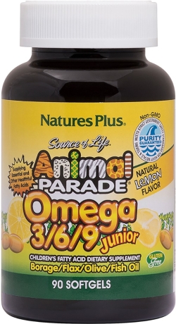 Жирні кислоти Natures Plus Animal Parade Омега 3-6-9 для дітей, смак Лимона 90 желатинових капсул