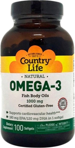 Жирні кислоти Country Life Omega-3 (Омега-3 риб'ячий жир) 1000 мг 100 капсул