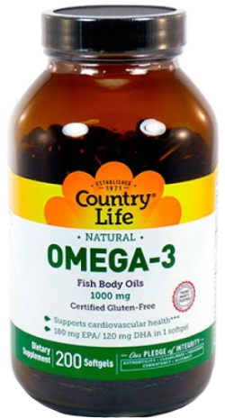 Жирні кислоти Country Life Omega-3 (Омега-3 риб'ячий жир) 1000 мг 200 капсул