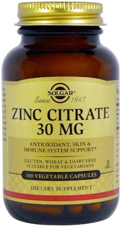 Цинк Solgar Цитрат, 30 мг, Zinc Citrate, 100 вегетаріанських капсул