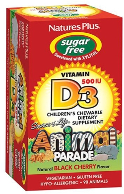 Вітаміни Nature's Plus Animal Parade Вітамін D3 для дітей без цукру, смак Чорної Вишні 90 жувальних таблеток