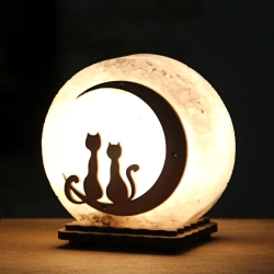 Настільна лампа - Нічник HealthLamp Котики на місяці з природного Солі з регулятором яскравості