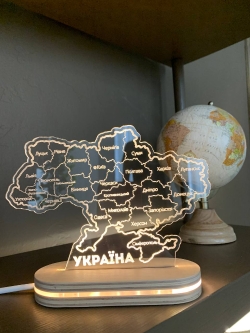 Патріотичний нічник карта України з назвами міст неоновий світильник дерев'яний виріб настільний