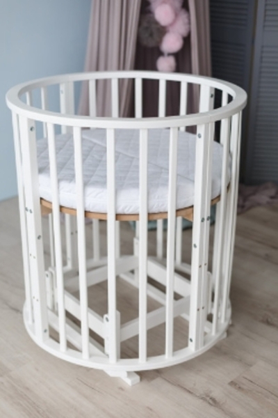 Ліжко дитяче трансформер кругле-овальне 8 в 1 Кузя з маятниковим ходом, колесами, матрацом біле 111.2
